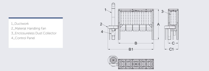 COIMA USA SHK Series Enclosureless Dust Collectors with Shaker - Model and Specifications Diagram