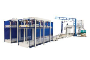 Evans Midwest BE 412TS standard SIP laminating system with traversing gantry for stacked panels