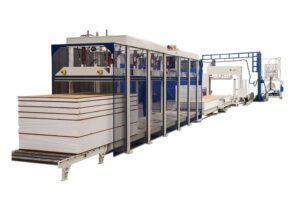 Evans Midwest BE 424TS standard SIP laminating system with traversing gantry for stacked panels