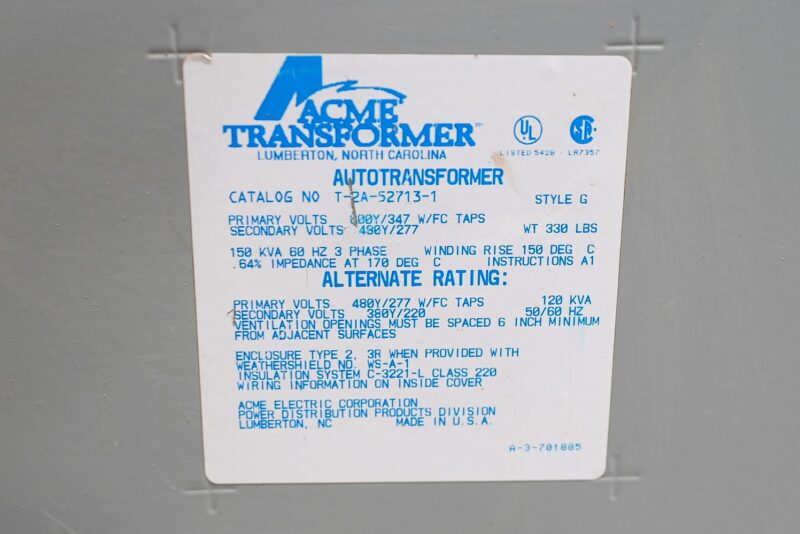Acme Transformer 150 KVA 3-Phase Autotransformer Primary 600Y/347 Secondary 480Y/277