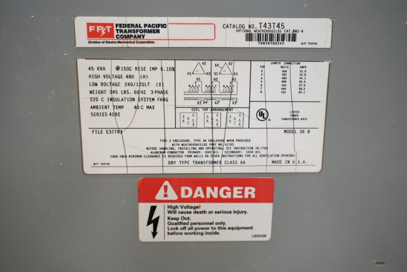 Federal Pacific Model T43T45 - 45 KVA HV: 480V LV: 240/120V Transformer